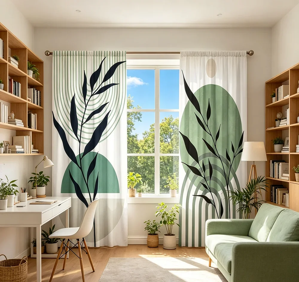 2PCS Digital Printed Curtains, Colliding Green Plants Pattern, Beautiful Window Drapes for Living Room Bedroom Home Decor