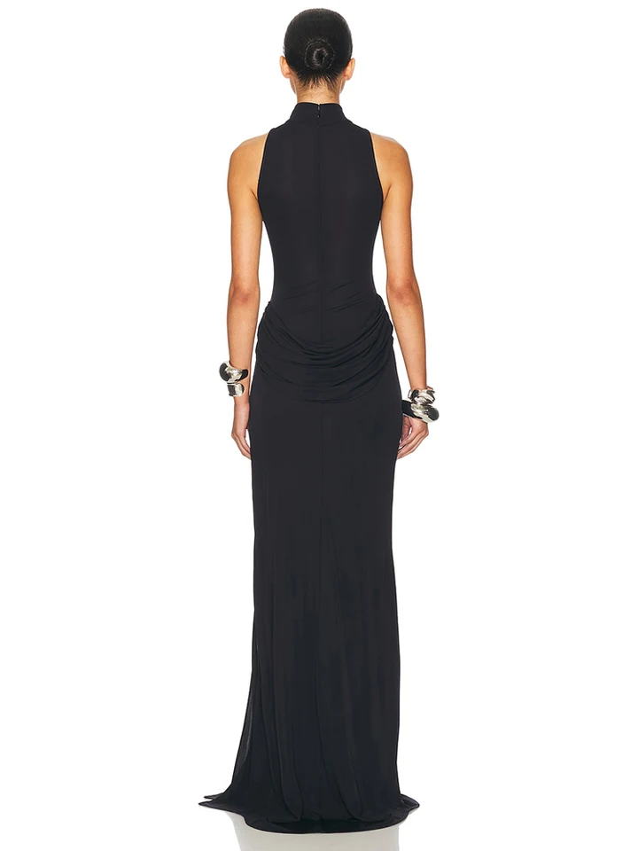 Vestido largo de mujer con cuello alto, hombros descubiertos, sin mangas, con abertura en el muslo y cintura alta con pliegues, elegante para fiesta 3