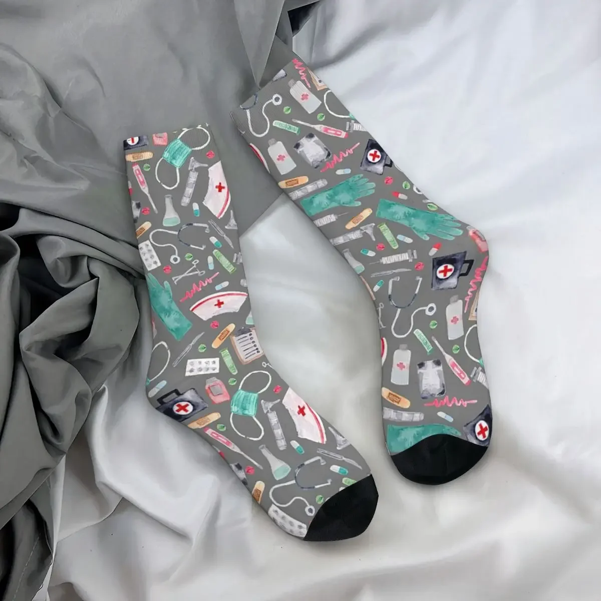 Medical Pattern Doctor Nurse Watercolor Grey Texture Socks Harajuku Super Soft Stockings All Season Long Socks Accessories