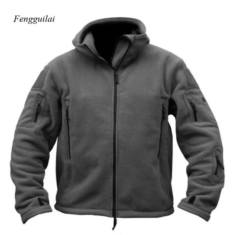 Men's Tactical Fleece Hooded Jacket - Multi-Pocket Military Style Fleece Jacket with Zippered Pockets for Outdoor