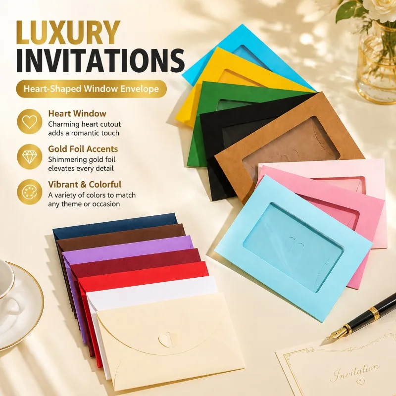 Heart‑clasp Colorful Hollow‑cut Window PET Transparent Envelopes, Upscale Business Mail Pouches, Elegant Stationery Holders