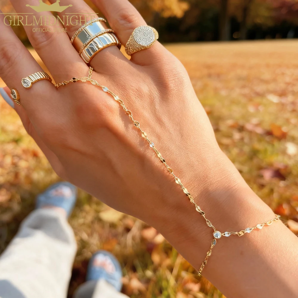 2025 New Fashion Bezel Bling AAA Zirconia Link Chain Hand Wristlet Jewelry For Women Delicate Round Cz Bracelet With Ring