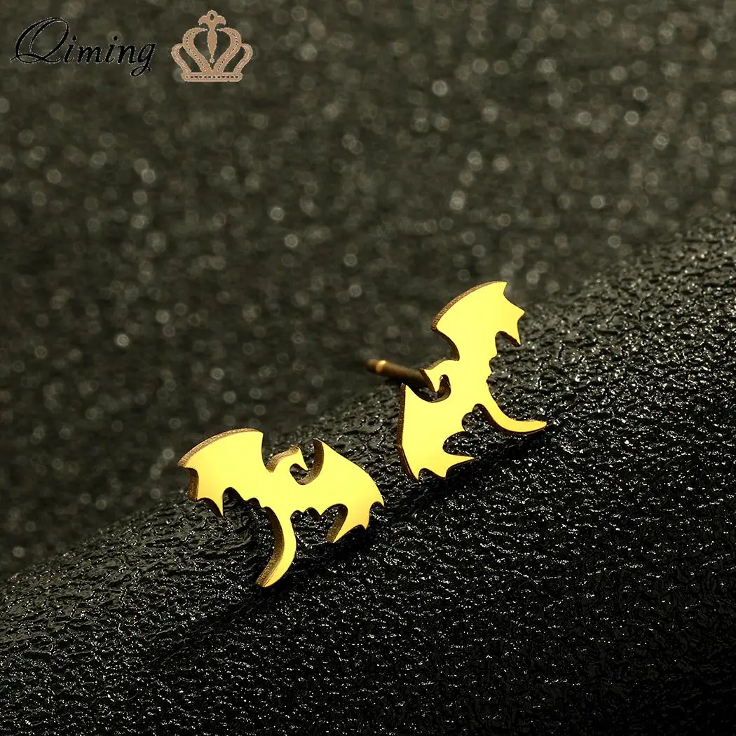 QIMING Punk Animal Dragon Stud Earrings Women Men Stainless Steel Jewelry Vintage Gothic Earrings