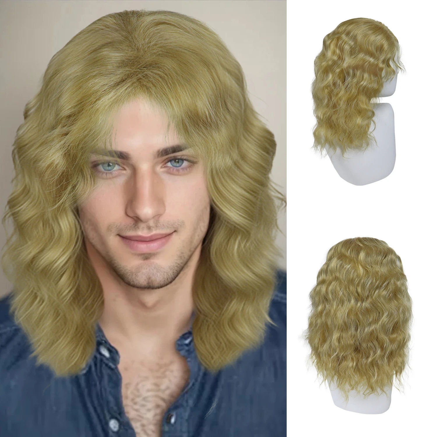 

GNIMEGIL синтетический натуральный светлый парик, длинные вьющиеся волосы для мужчин, многослойный парик для повседневного использования с челкой, подарки для пациентов, наряды, костюм