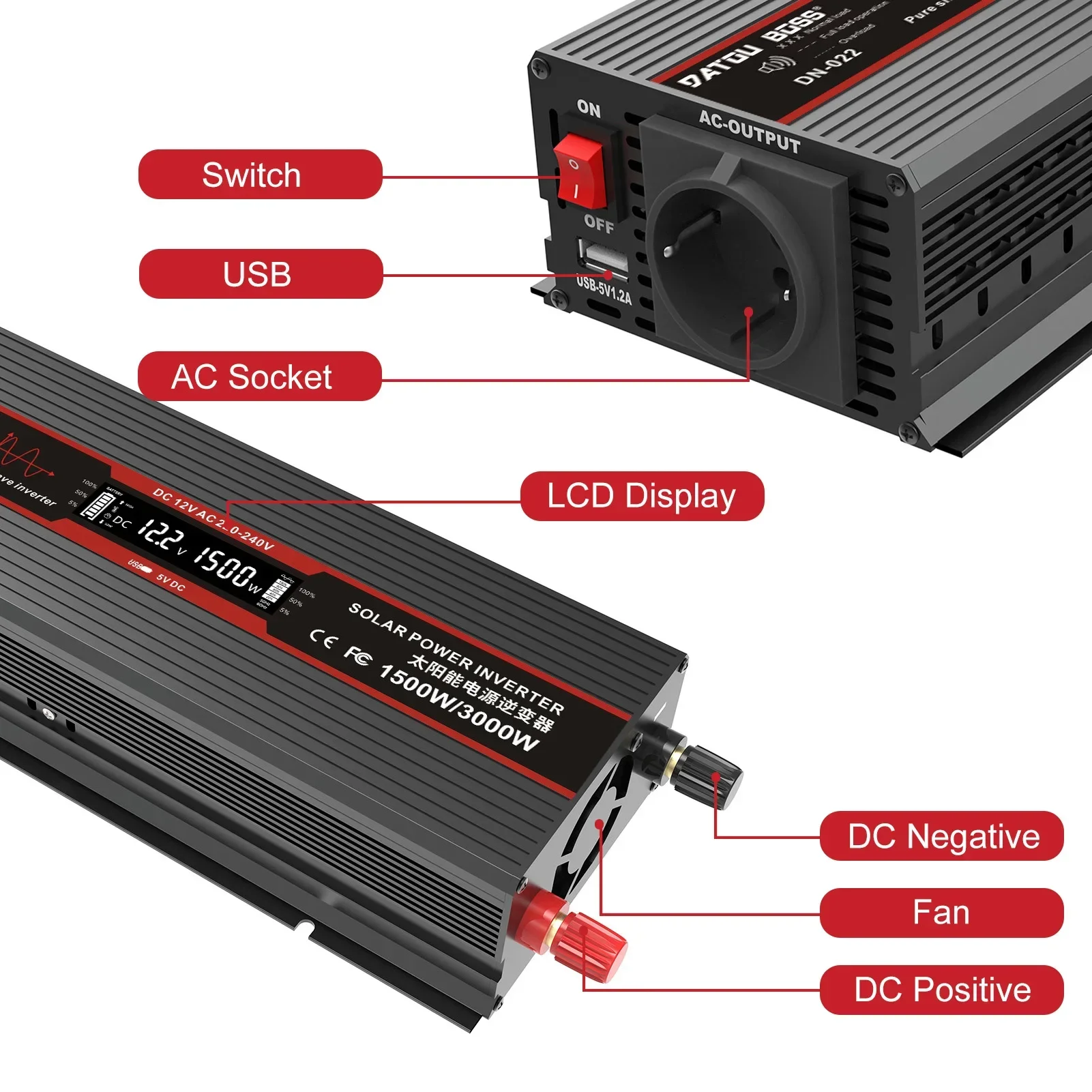 DATOUBOSS Pure Sine Wave Inverter Power Inverter 12V to 220V Pure Sine Inverter Continuous Power 1500W With USB 5V 2.1A Plug