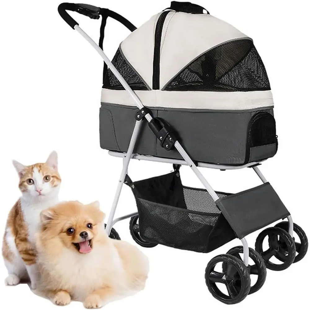 

Средняя коляска для собак со съемной тележкой, легкий вход на молнии, подходит для собак и кошек (серый)