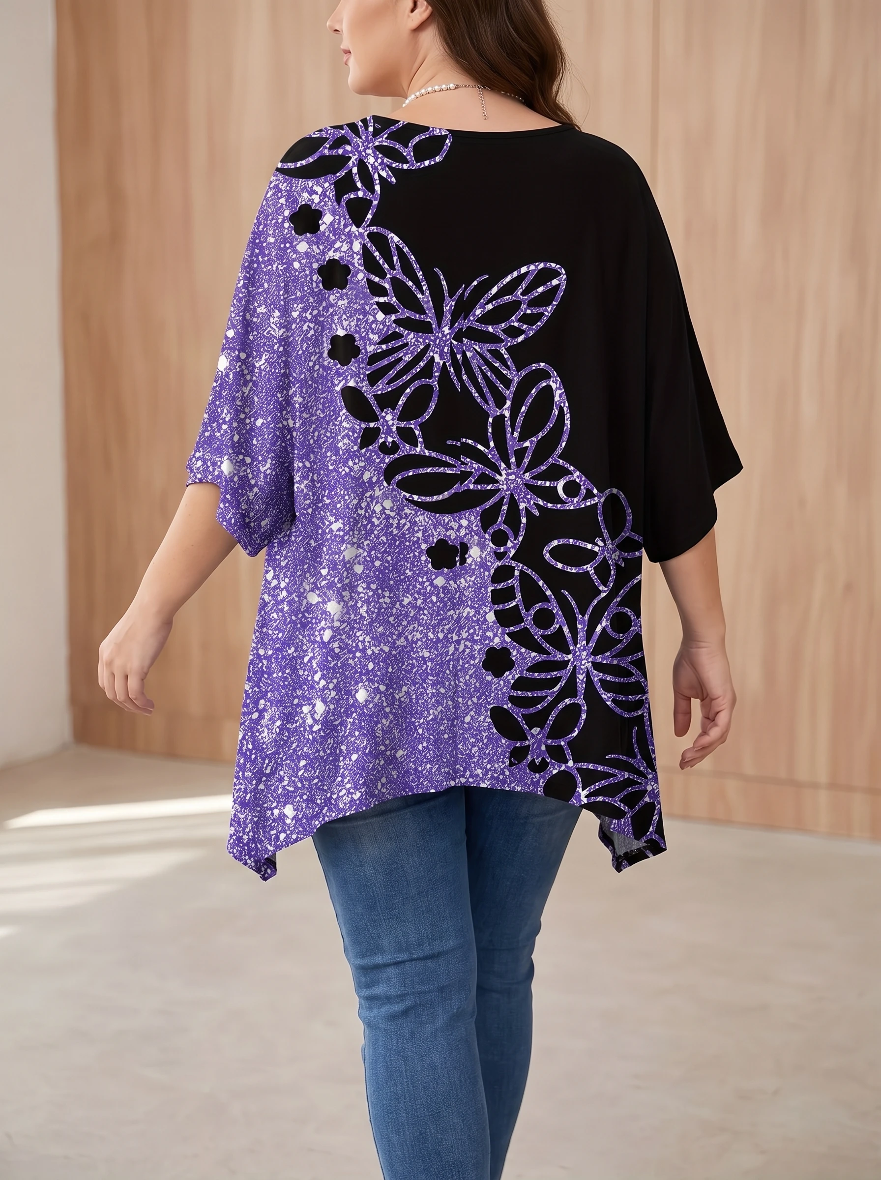 Gadinus Plus Size Damen-Bluse mit abstraktem Aufdruck, lockere Passform, langärmlig, asymmetrischer Saum, Übergröße, lässiges bedrucktes Tunika-Oberteil – Detail 8