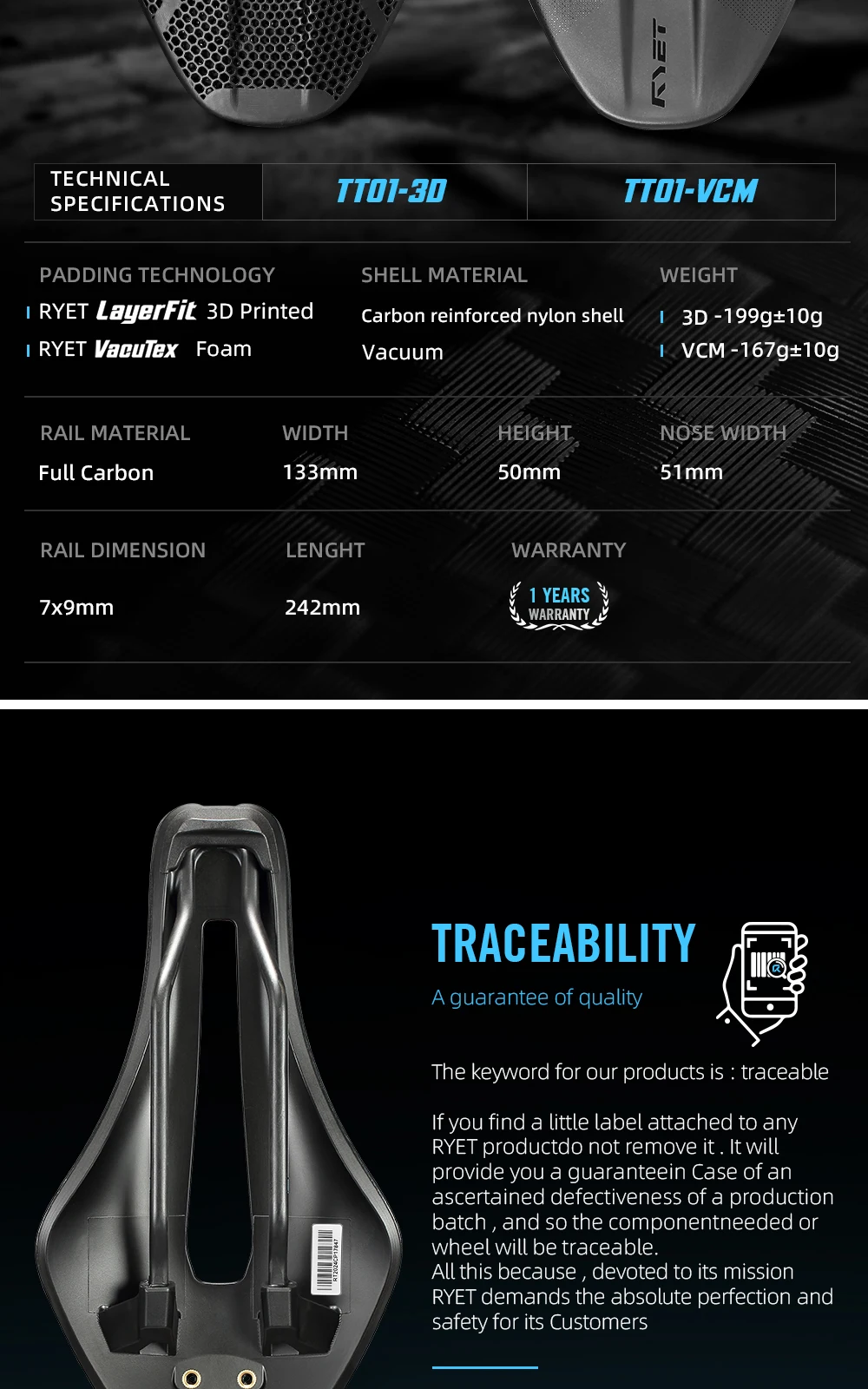 RYET 3D-Gedruckter 167g/199g TT-Sattel, 242x133mm Carbonfaser-Schiene Kurznasen-Aero-Design für Zeitfahr- und Triathlon-Fahrradteile – Detail 5