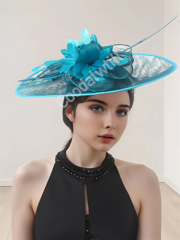 Sinamay Big Derby Kentucky Fascinator Hat Women Formal Dress Wedding Pillbox Cap Feather Flower Headpiece Large Fascinators Hat