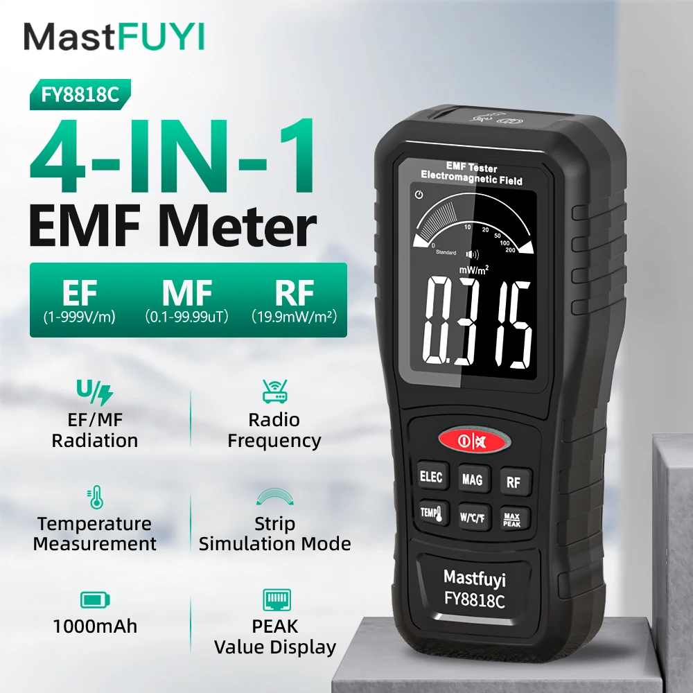 

MASTFUYI 4-IN-1 Electromagnetic Radiation Detector, Electric & Magnetic Field Strength, RF Power, Temperature Monitor
