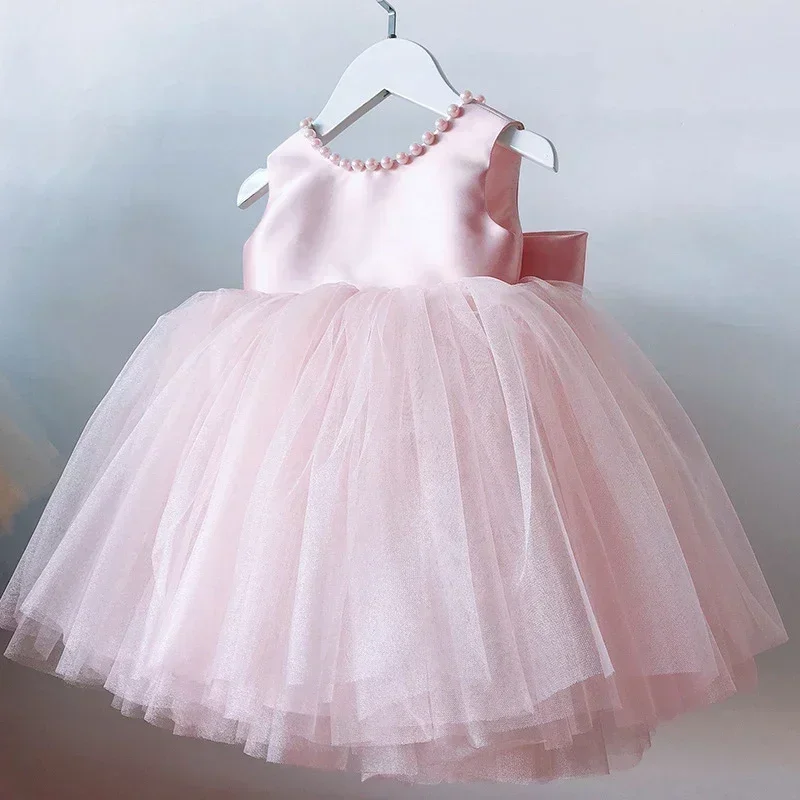 Toddler Baby Girls Dress Big Bow Baptism Dress Infant 1st Birthday Party Wedding Beading Dress Formal Occasion Prom Tutu Gown