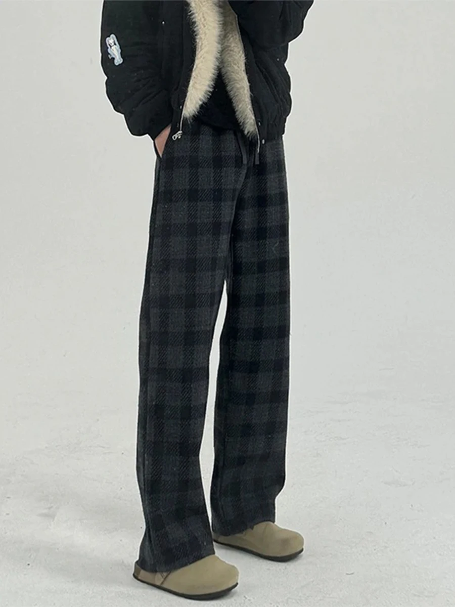

American Retro Plaid Woolen Pants Men's Thiened Warm Winter Autumn Casual Long Trousers Straight Leg Pants Middle Waist