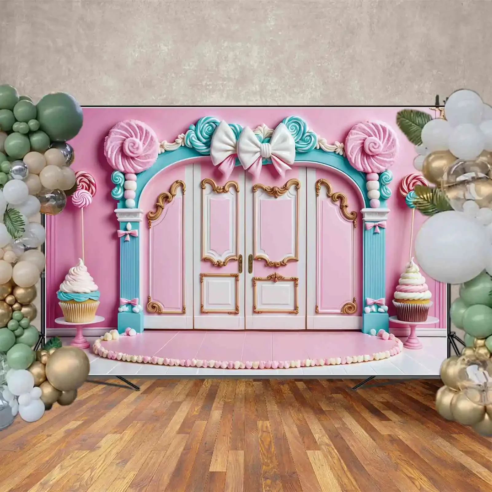 Moon.qg ฉากหลังของเด็กผู้ชายเด็กผู้หญิงอมยิ้มวันเกิดปาร์ตี้พื้นหลังอุปกรณ์ประกอบฉากการถ่ายภาพยิงโบว์การตกแต่งประตูโฟโต้คอล