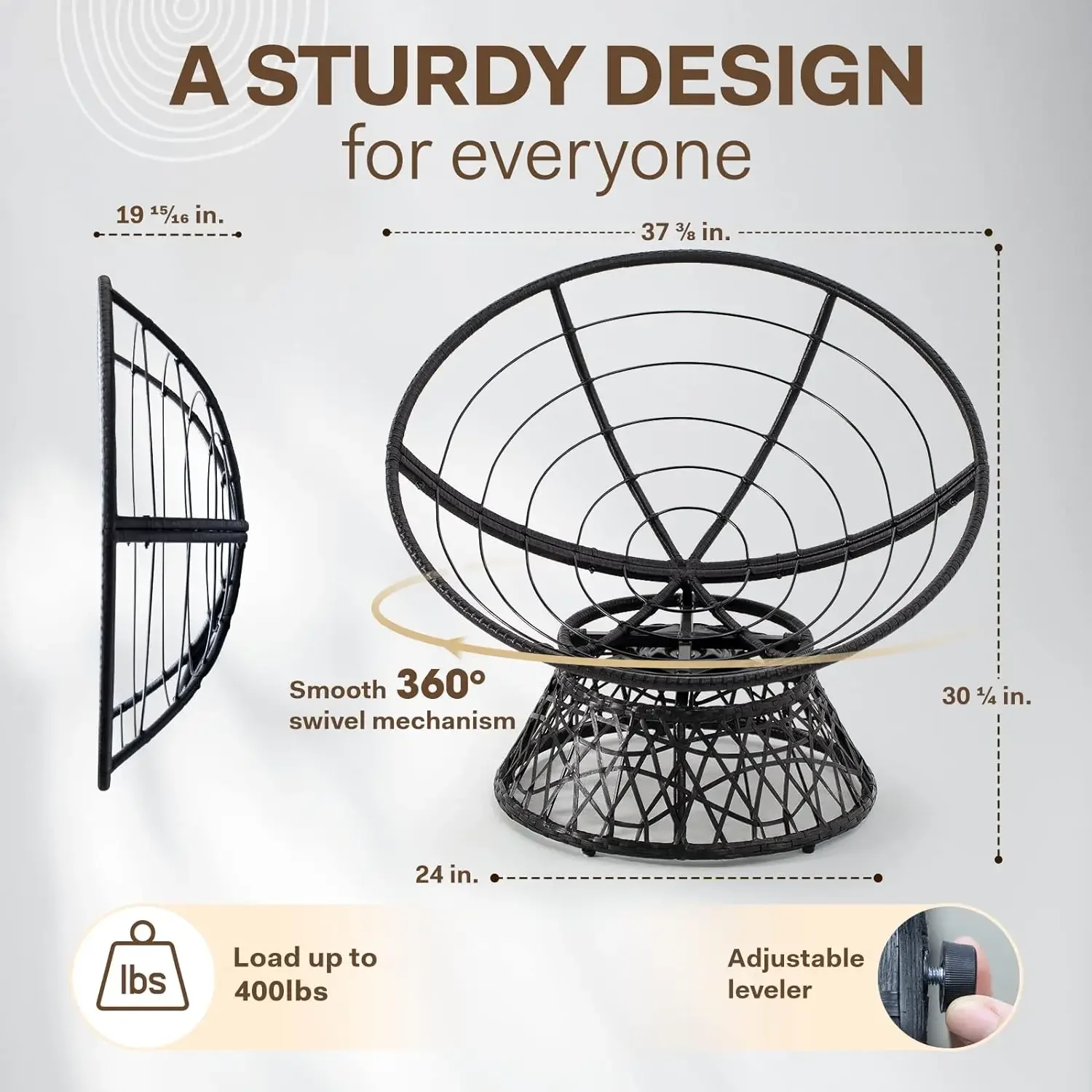 Ergonomiczne wiklinowe krzesło Papasan Bme 40" z miękką, grubą poduszką z tkaniny, stalowa rama o dużej pojemności, obrotowe o 360 stopni dla