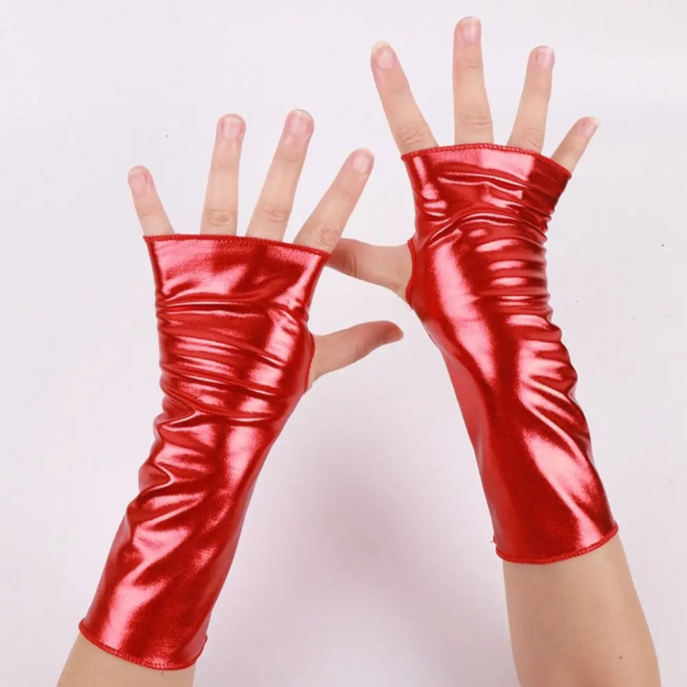1 Pair Glossy Finish Fingerless Gloves Punk Style Imitation Leather Black Leather Gloves Thin Girl's Sleeve Set
