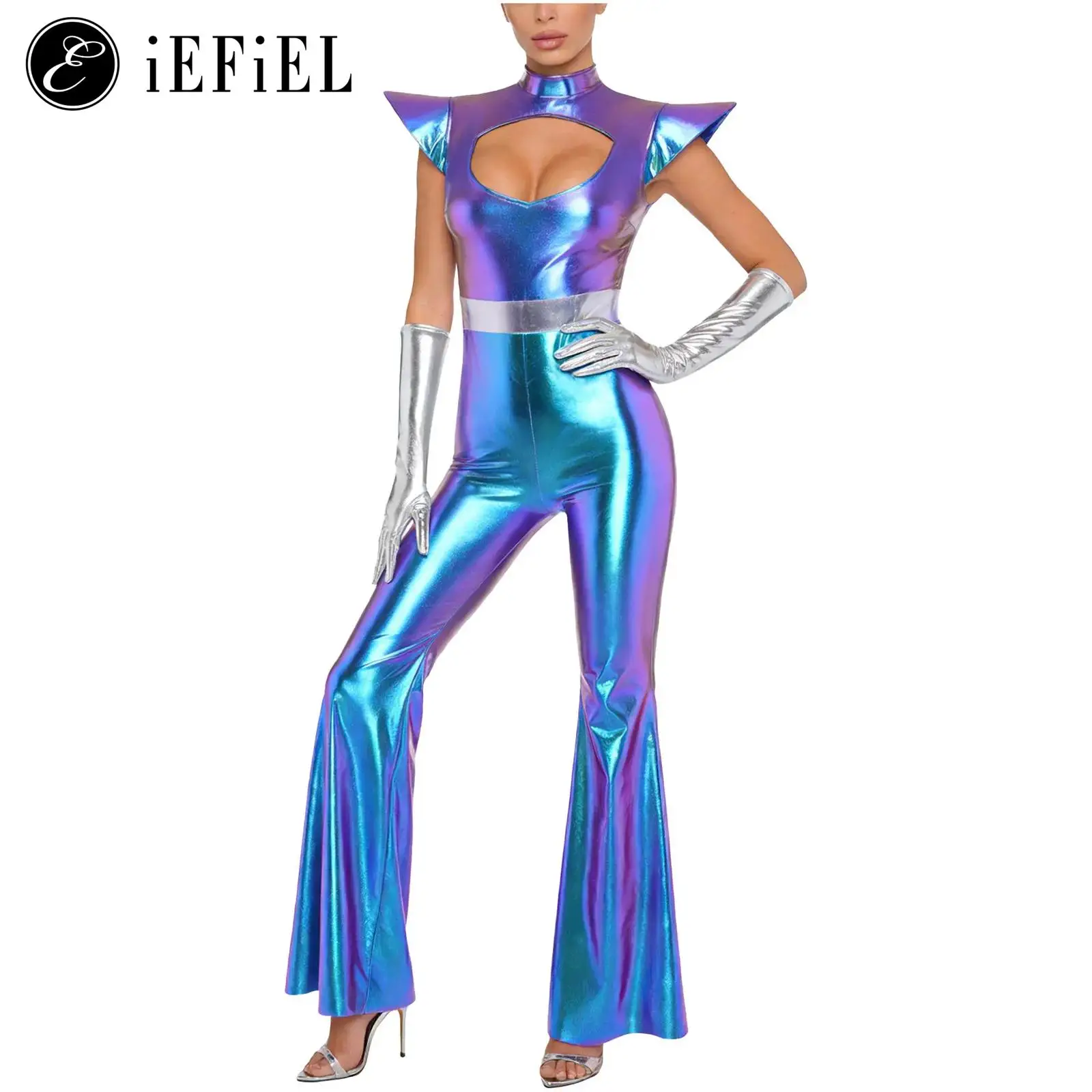 Disfraz de Astronauta Alienígena para Mujer, Mono Metálico Brillante con Guantes, Pantalones Acampanados, Traje de Cadete Espacial, para Halloween y Fiestas Temáticas Espaciales