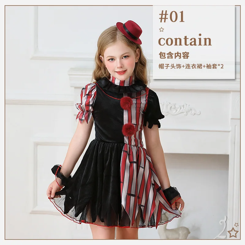 

Girls Halloween Costumes Kids Creepy Killer Clown Costume Short Sleeve with Headpiece for Carnival Party Set