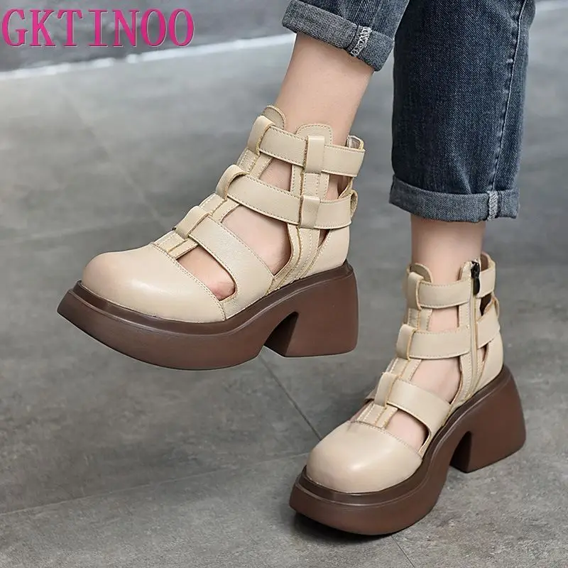 GKTINOO Women Sandals Summer Zipper Gladiator Boots Thick Soled 100% Genuine Leather Shoes Woman Handmade Platform Sandals