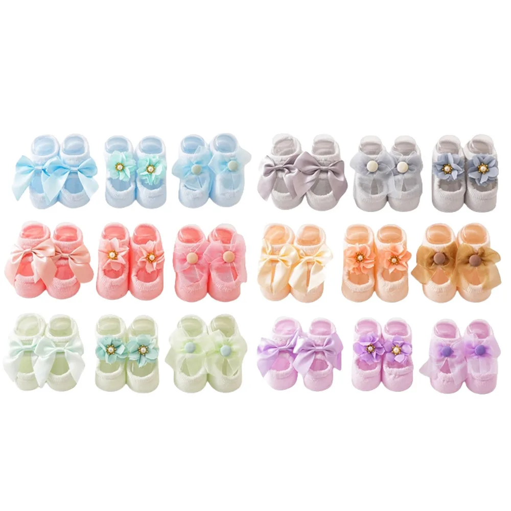 3 Pairs Cute Baby Socks Girls Spring Newborn Kids Flower Bowknot Lace Non-slip Children Floor Anti Skid Toddler Slipper