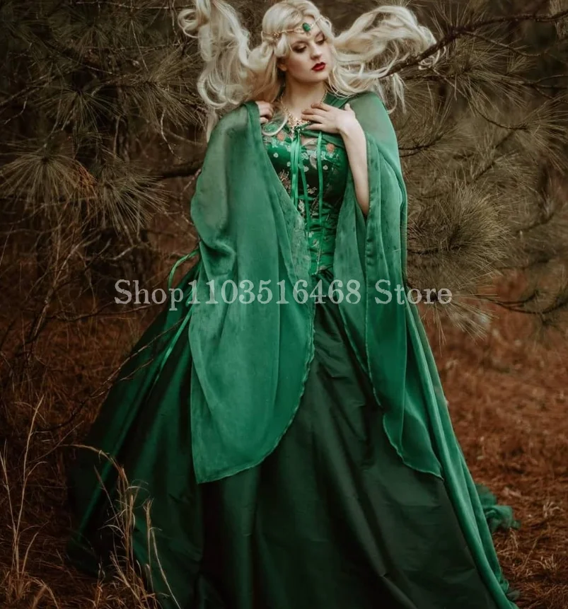 Vintage Victorian Laced Prom Dresses Emerald Green Medieval Elf Flared Sleeve Strapless Long For Women Special Occasion