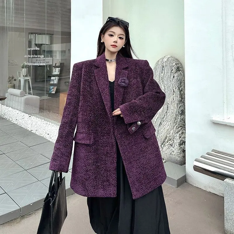 

Purple Woolen Suit Women Blazers Autumn and Winter New Style, Thick and Loose Woolen Fabric
