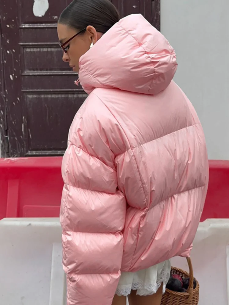 Ladies Hooded Puffer Jackets Oversized Loose Long Sleeve Zipper Solid Color Cropped Warm 2026 Winter Windproof Street Chic Coat
