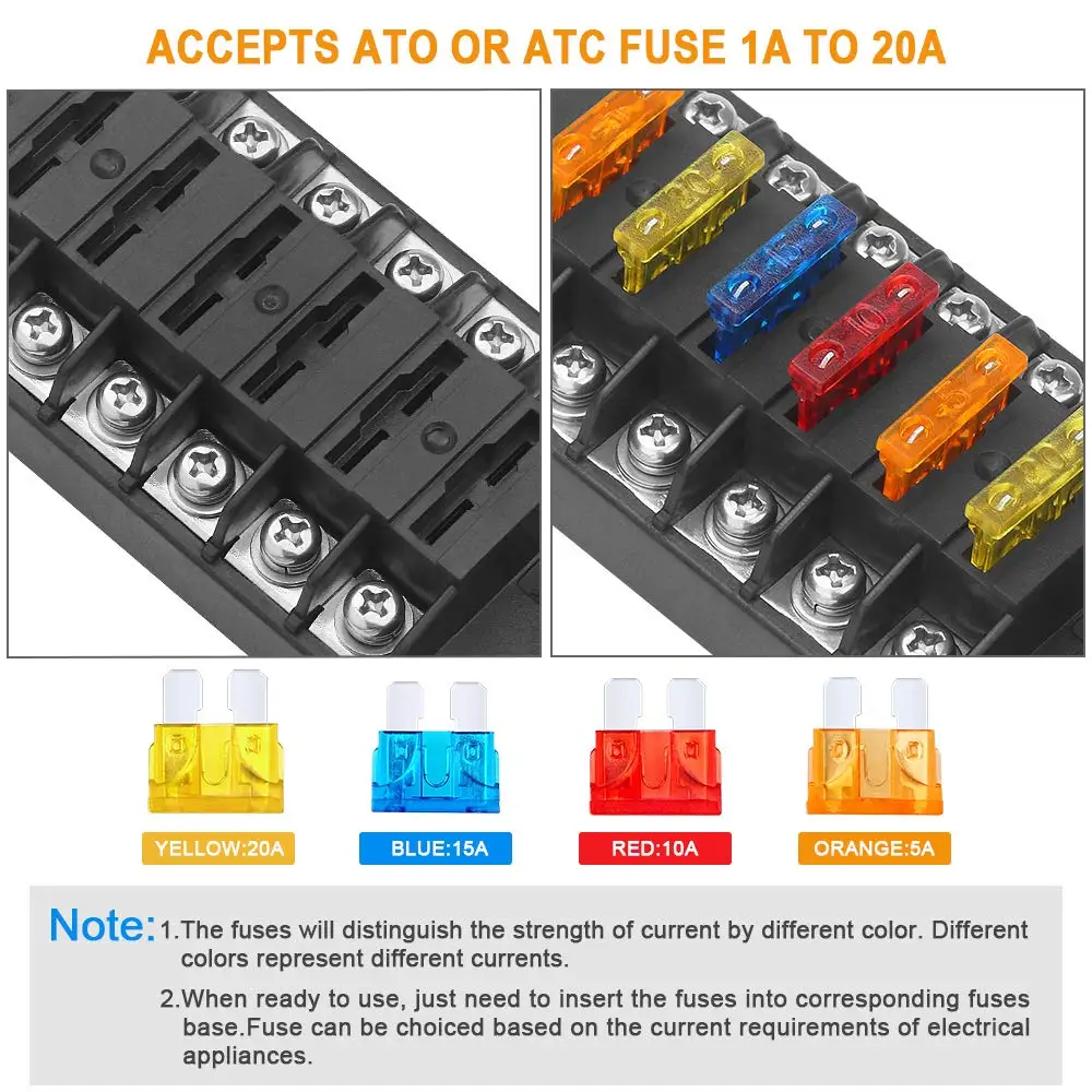 DaierTek 6 Way Fuse Block Blade Fuse Box with Negative Bus 6 Circuit Fuse Holder Fuse Block w/Negative Bus For 12V 24V Auto