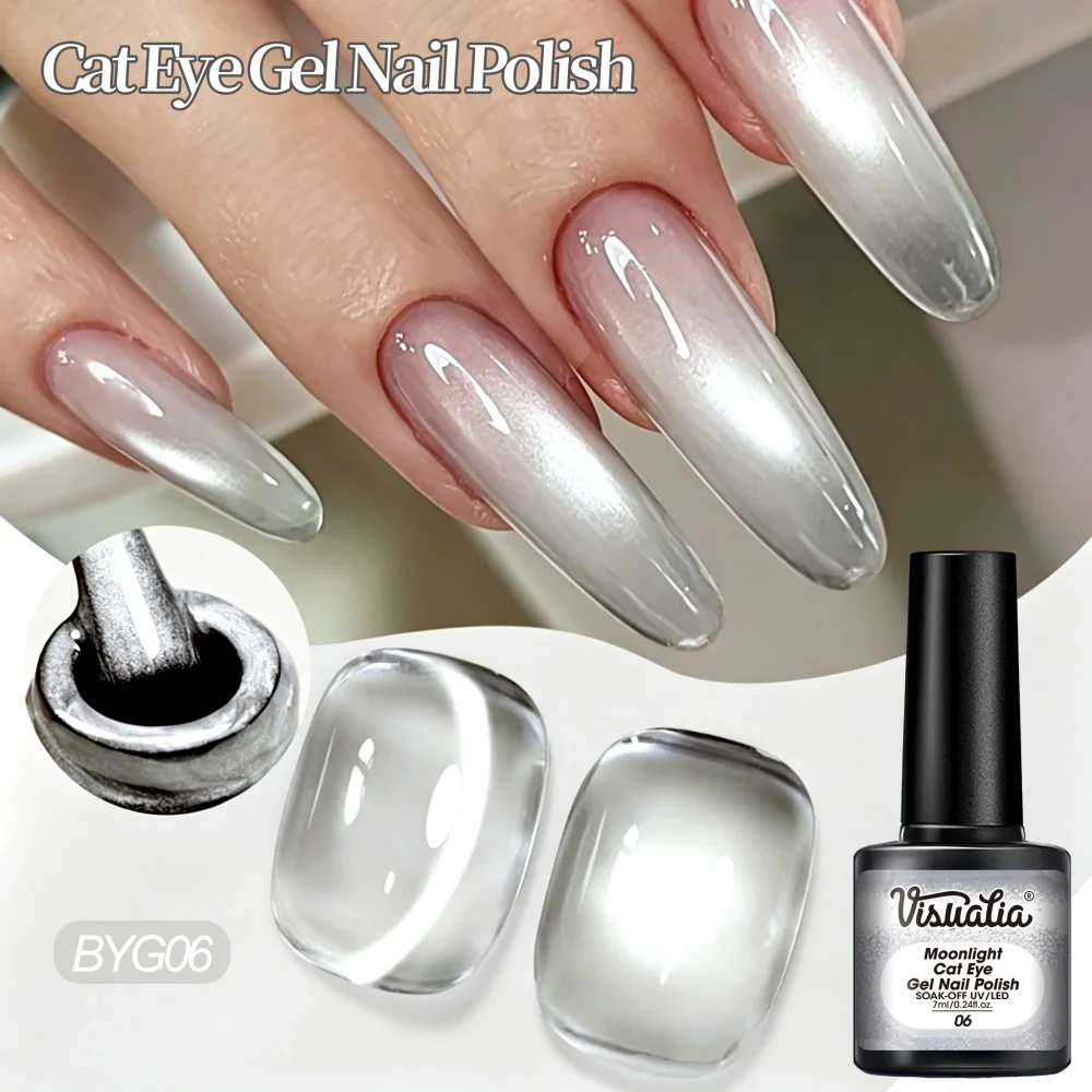 Visuatia Translucent Silver Moonlight Cat Eye Nail Polish Gel, with a Clear Transparent Base and High-Gloss Silver Magnetic Powder, Easily Creates a Wide Light Band, and the Gel Is Smooth and Transparent, Suitable for
