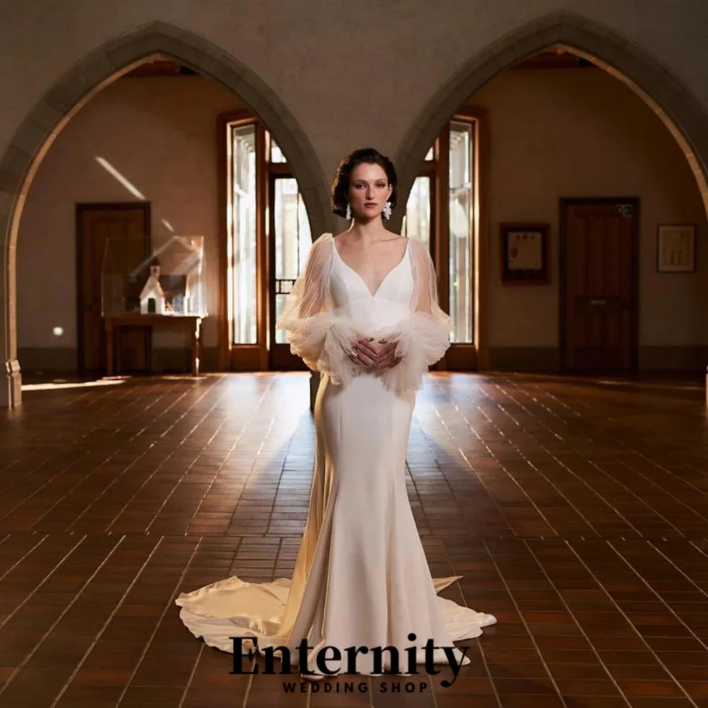 

Customized Mermaid V-neck Wedding Dress Bow High Split Bridal Dress Long Sleeve Backless Bridal Gown 2024 Vestidos De Novia