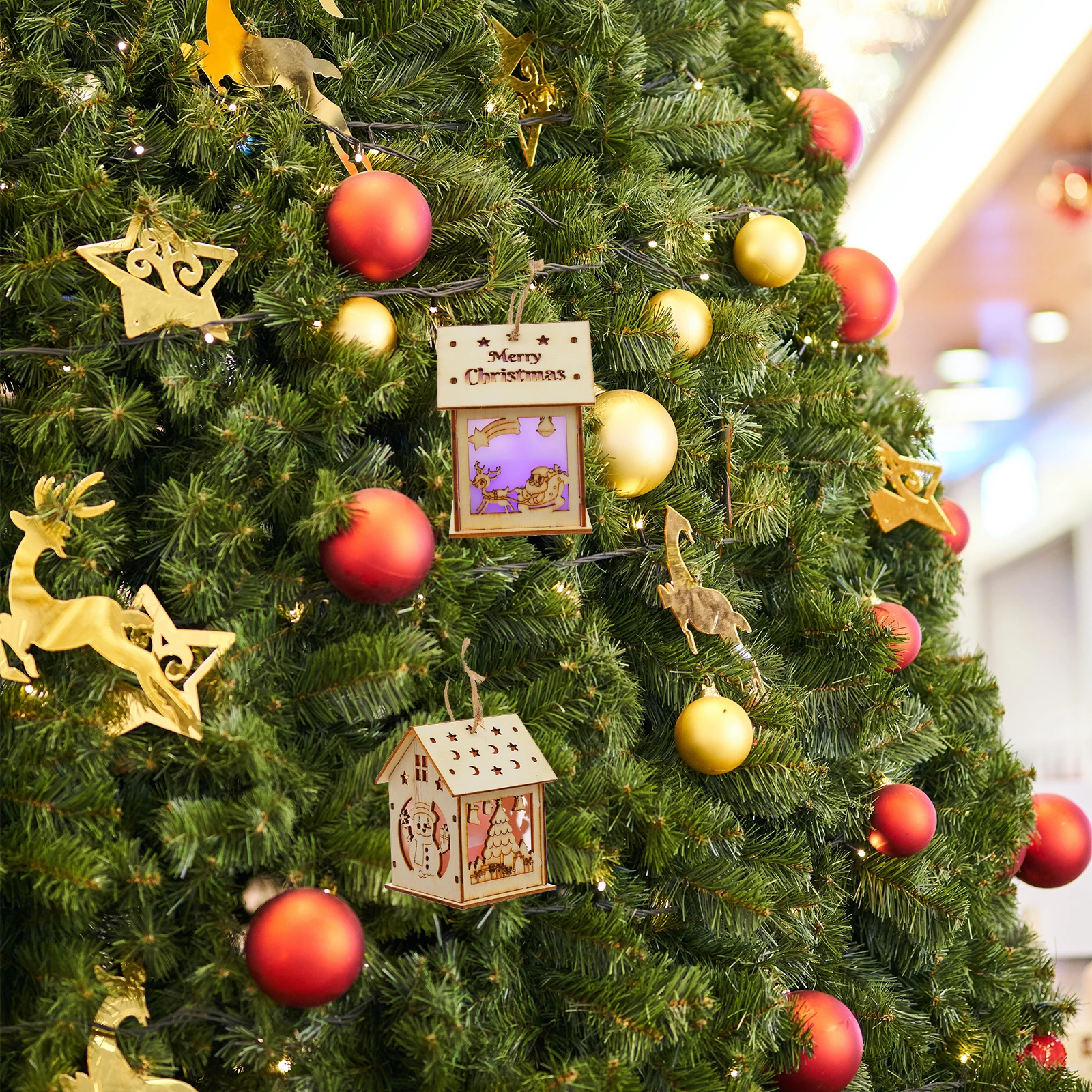 

2pcs Luminous Wooden Christmas Tree Pendant Diy Craft Decoration Wood House Xmas Adornment Festival Desktop Decor Luminous House