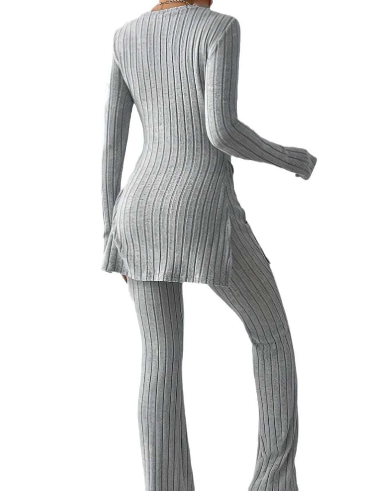 Outono inverno cor sólida casual slim fit conjunto de outerwear f manga longa em torno do pescoço topo e calças conjun...