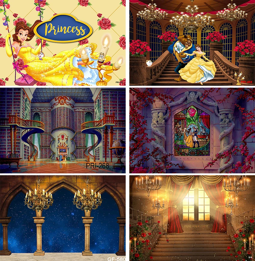 Beauty and Beast Backdrops for Photography Red Curtain Party Background Castle Cartoon Bella Birthday Backdrop Decoration