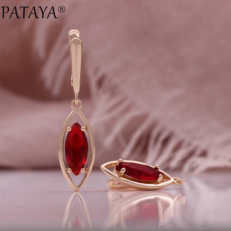 PATAYA Hot Trend 585 Rose Gold Color English Earrings for Women Oval Red Natural Zircon Accessories Bride Wedding Jewelry Gift