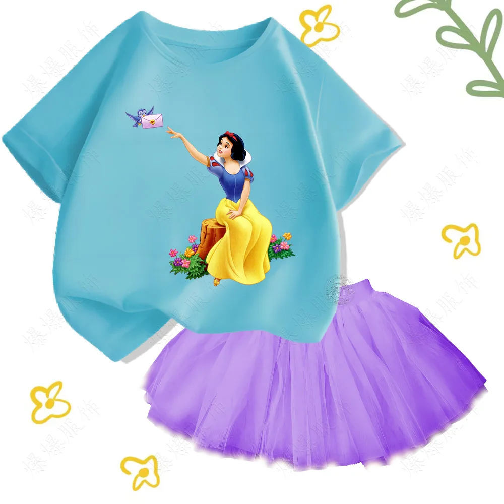 Children's cotton tops soft T-shirt Cartoon print Disney Snow White short sleeves fashion solid color tulle dance skirt suit