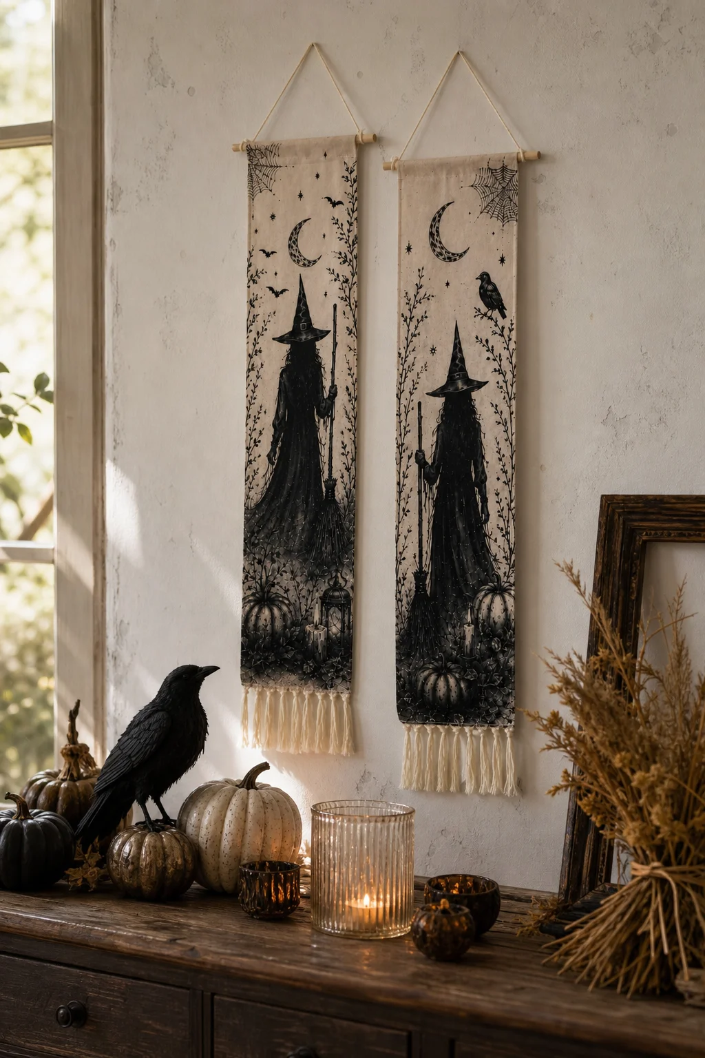 Halloween-Wandteppich mit Quasten, Gotische Hexe, Schwarze Katze, Krähe, Geisterhaus, Totenkopf-Druck, Vintage Grusel-Wandbehang Deko – Detail 29