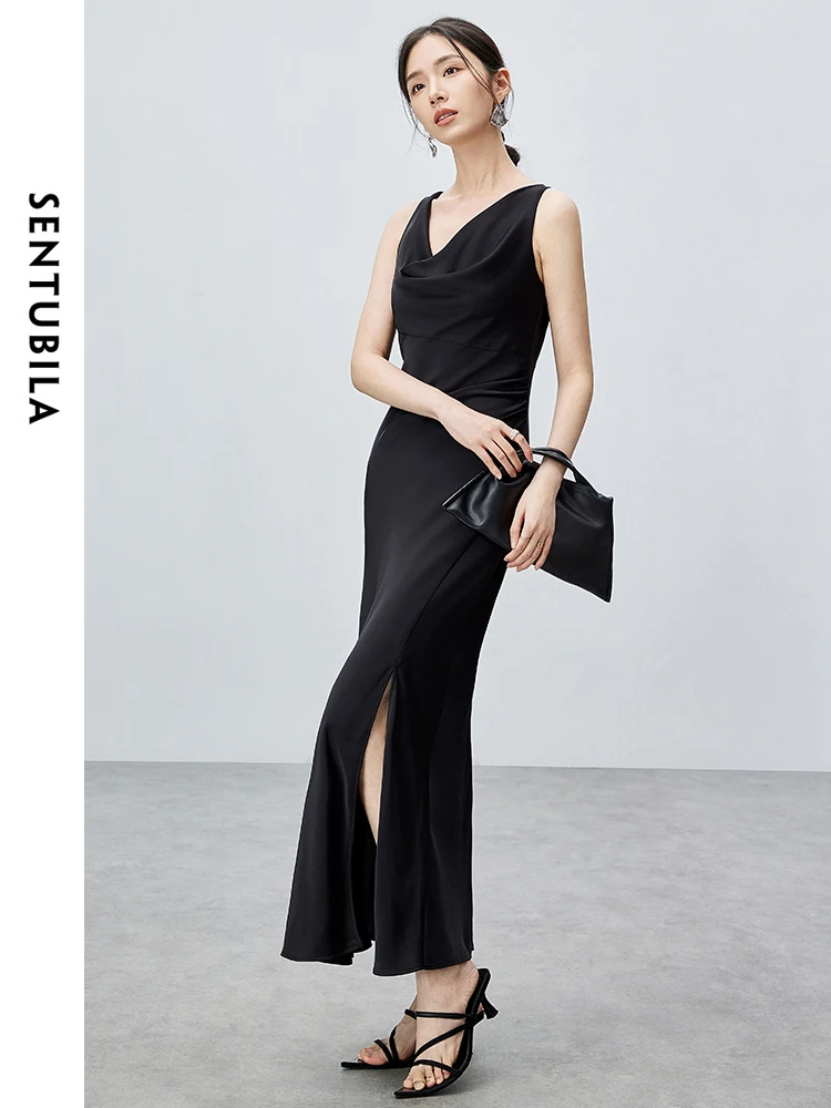 

SENTUBILA Women Elegant Black Glossy Satin Dress Female 2024 Summer Slim Fit Sleeveless Slit Maxi Dress Party Club 142L55009