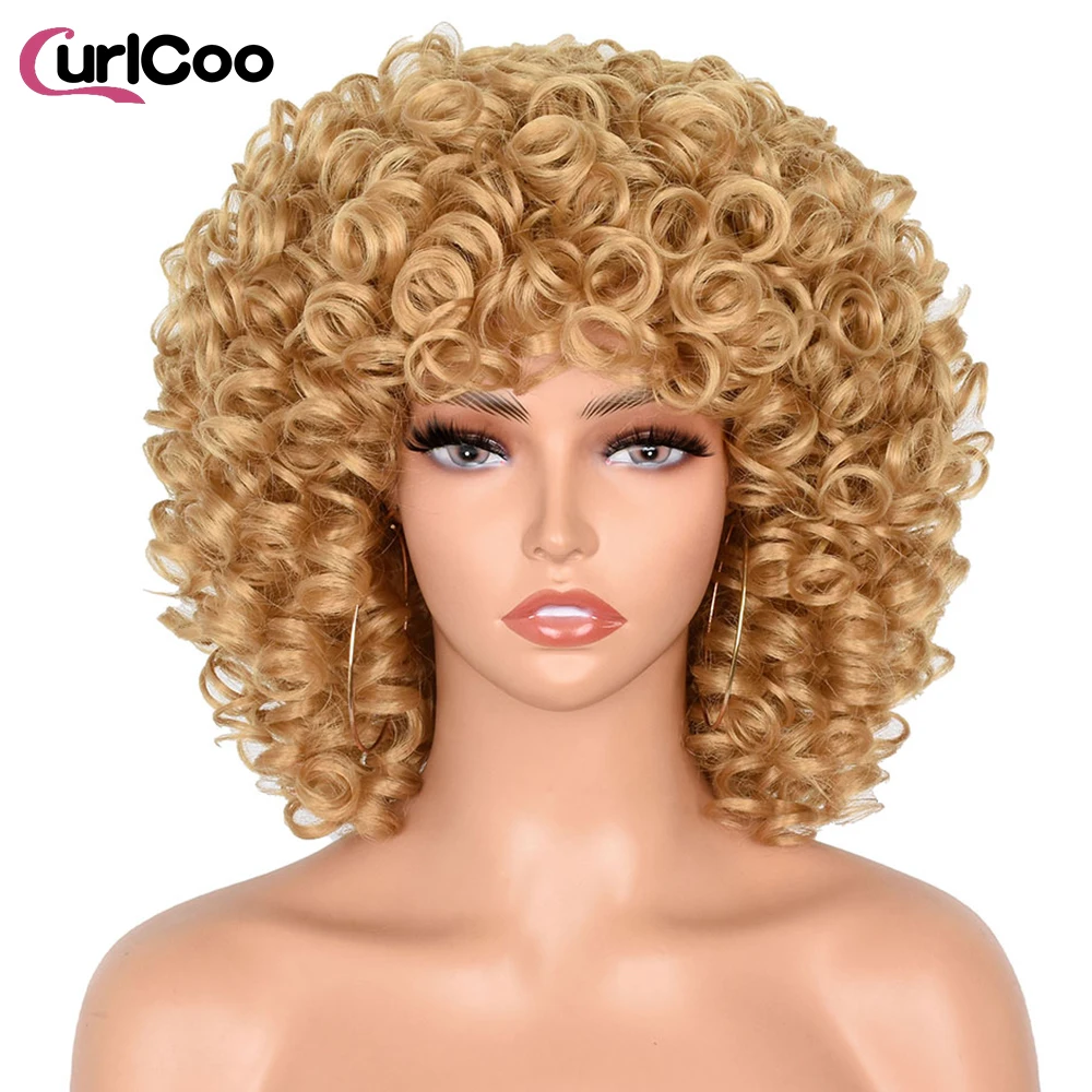 

Short Hair Afro kinky Curly Wigs With Bangs For Black Women Cosplay Fluffy Synthetic Wigs Ombre Mixed Brown Blonde Wig