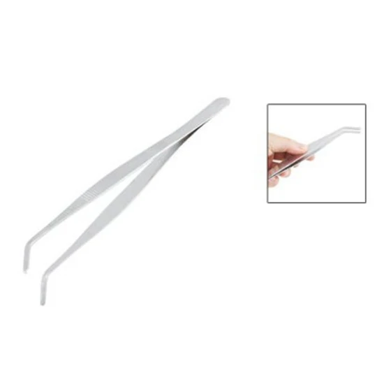 20cm Angled Slanted Tip Metal Curved Tweezer Silver Tone