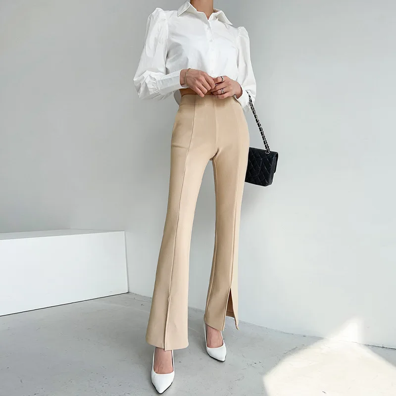 High Waist Slit Bootcut Trousers Women's Summer Thin Professional Commute Suit Pants Drooping Wide-Leg Pants Casual Ankle-Length