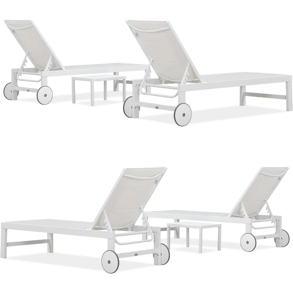 

Outdoor Chaise Lounge Staight Legs Adjustable Sunbathing Recliner with Side Table Cream 2 Sets