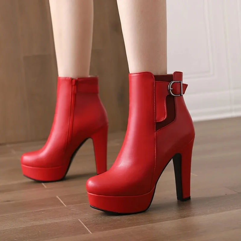 

Round Headed Women Spring and Autumn Fashion High-heeled Short Boots Sexy Dress Buckle Side Zipper Workwear Size 48