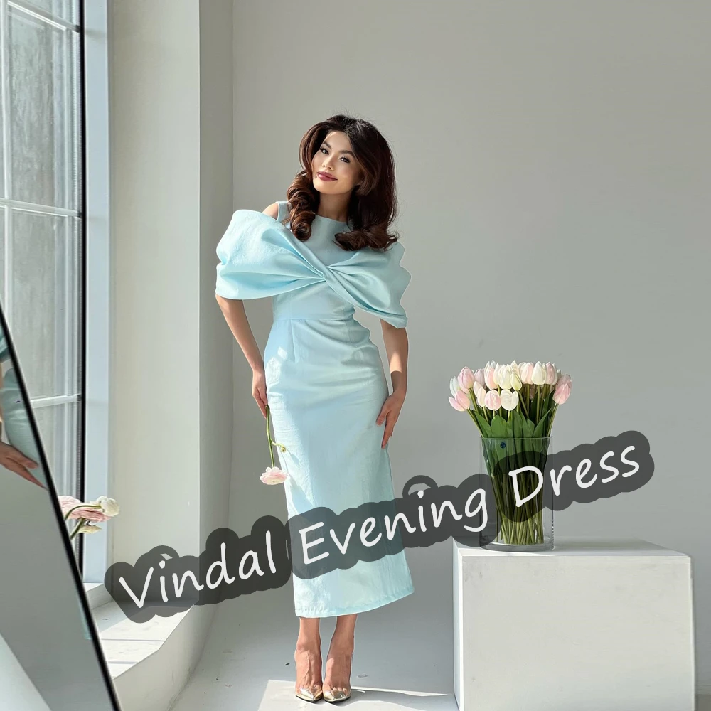 

Vindal Scoop Neckline Evening Dress Tea Length AMermaid Elegant Built-in Bra Satin Saudi Arabia Short Sleeves For Woman 2024