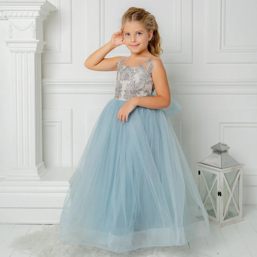 

Lace Applique Tulle Flower Girl Dresses for Weddings Princess Kids Ball Gown Evening Party Prom First Communion Pageant Birthday