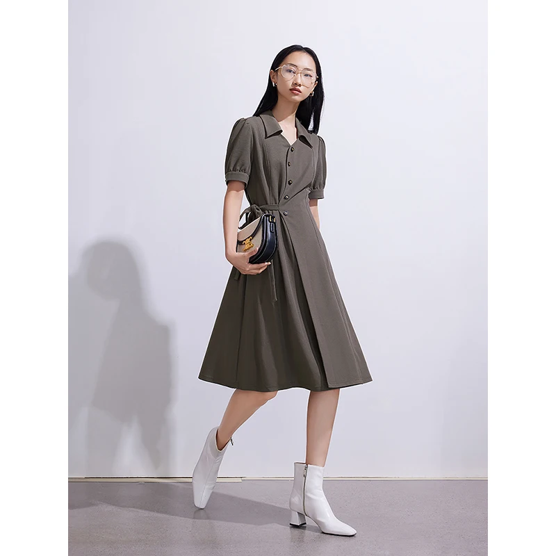 TOYOUTH Women Dress 2024 Summer New Lace Up Waistband Turn Down Collar Buff Sleeve Casual Mid Length Luxury Navy Fashion Dress