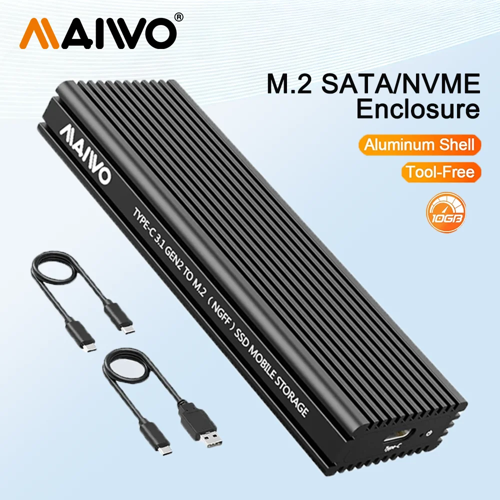 

MAIWO M.2 SSD Case NVMe SATA Enclosure Dual Protocol Case NVME PCIE NGFF SATA External Hard Drive Box Support UASP for Laptop
