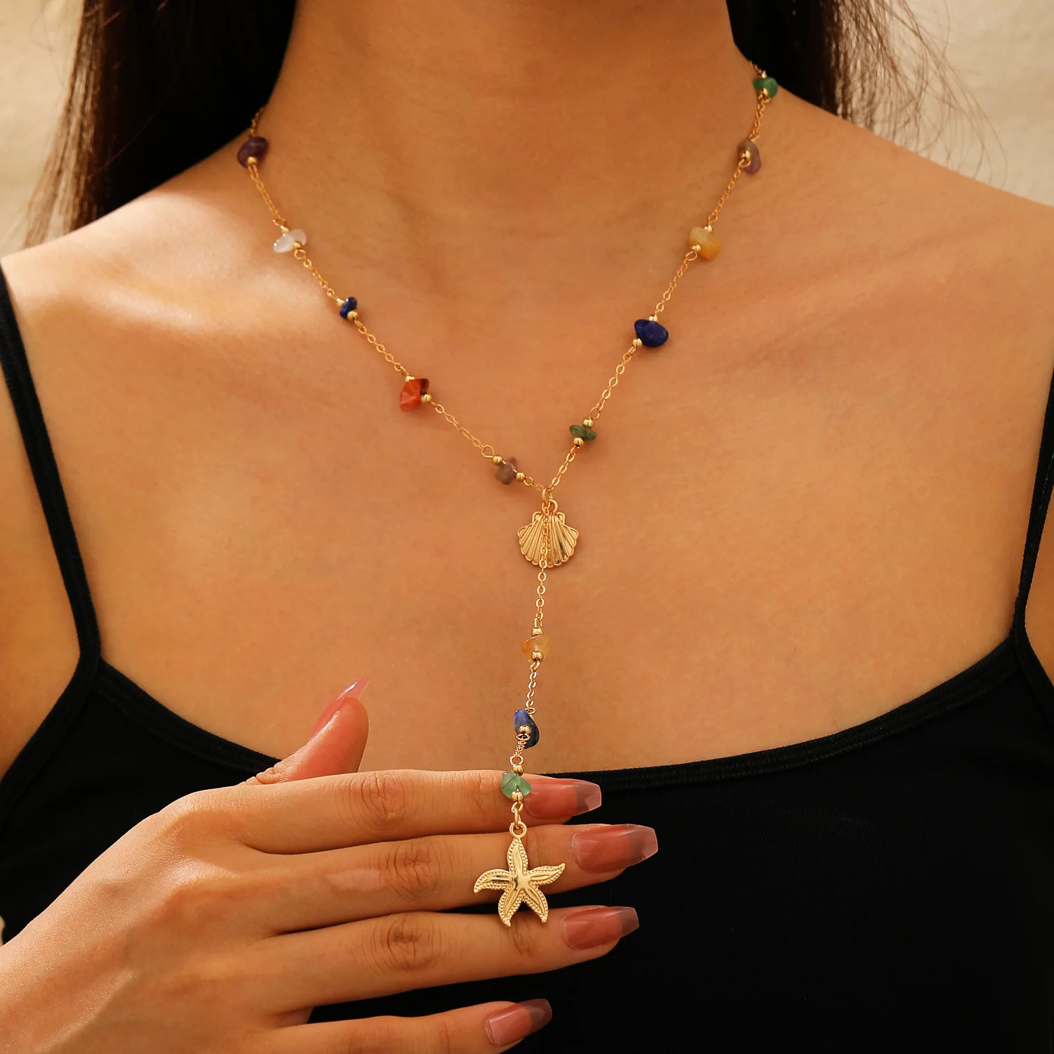 

Ocean Style Starfish Necklace Colorful Natural Stone Pendant Chain Summer Beach Jewelry Women