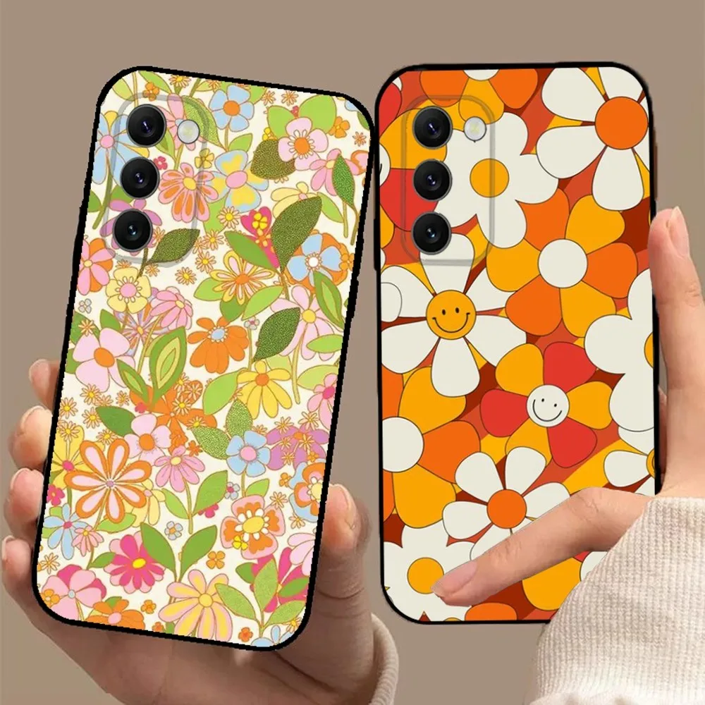 Groovy Flowers Hippie Bohemian Floral Phone Case For Samsung S24,23,22,30,21,10,9,Ultra,Plus,Lite,FE,5G Black Soft Case