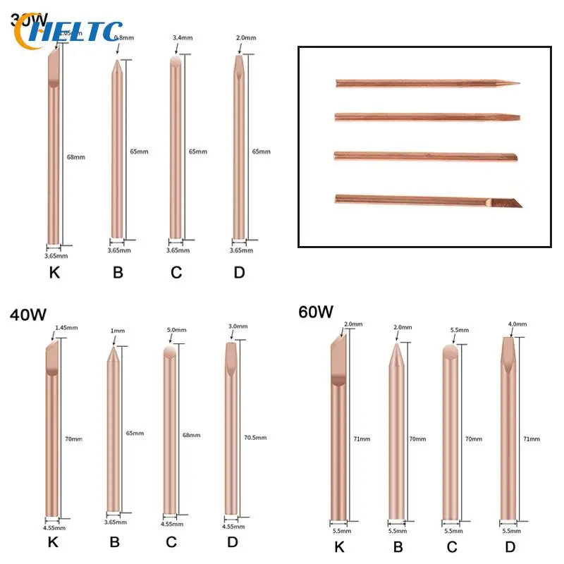 4pcs/Lot 30/40/60W External Heat Solder Iron Tip B C D K Pure Copper Solder Head 30W 40W 60W Replacement Tip Welder Repair Tools