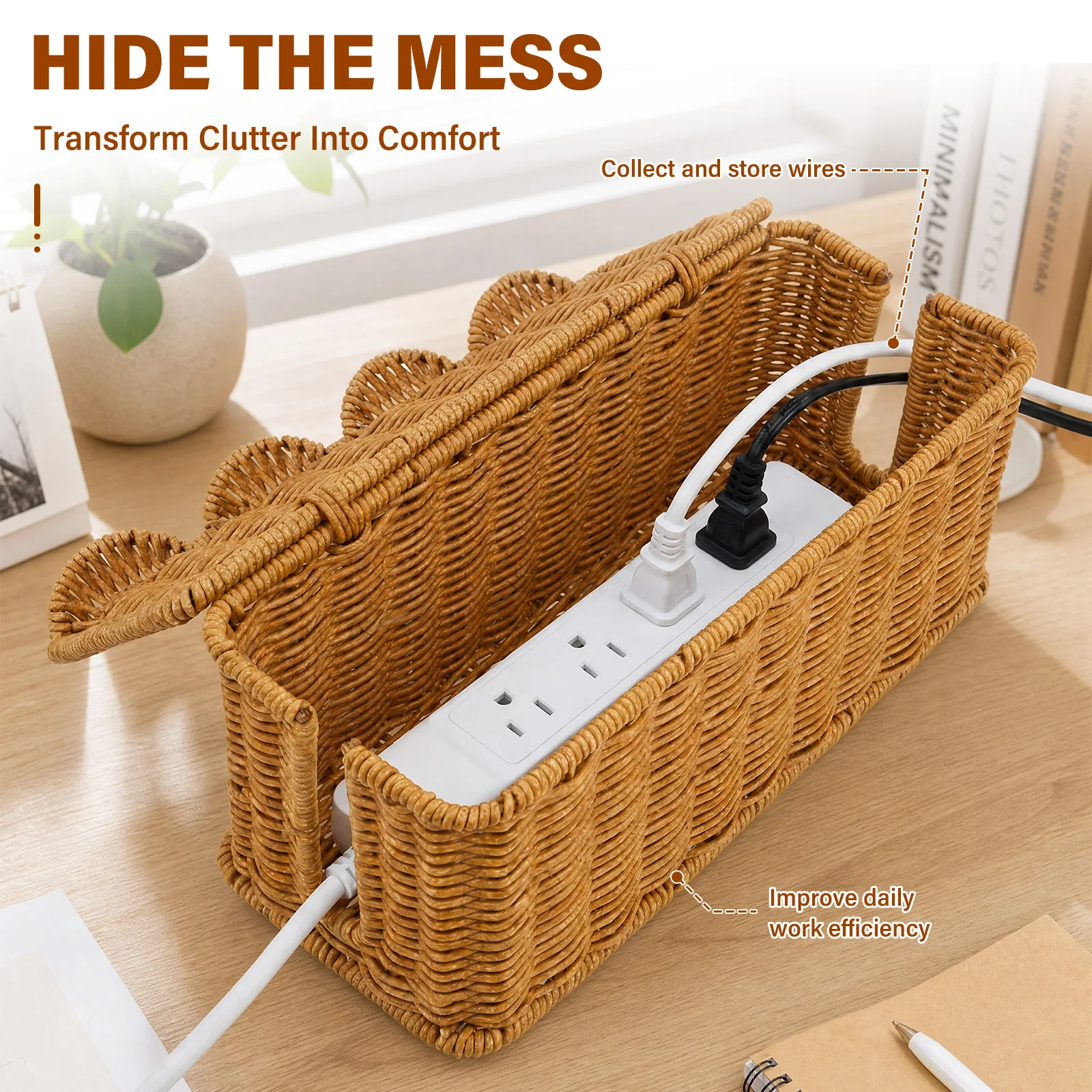 Handcrafted Rattan Cable Management Box Cords Hider Storage Office Desk Charger Socket Network Cord Organizer view 2
