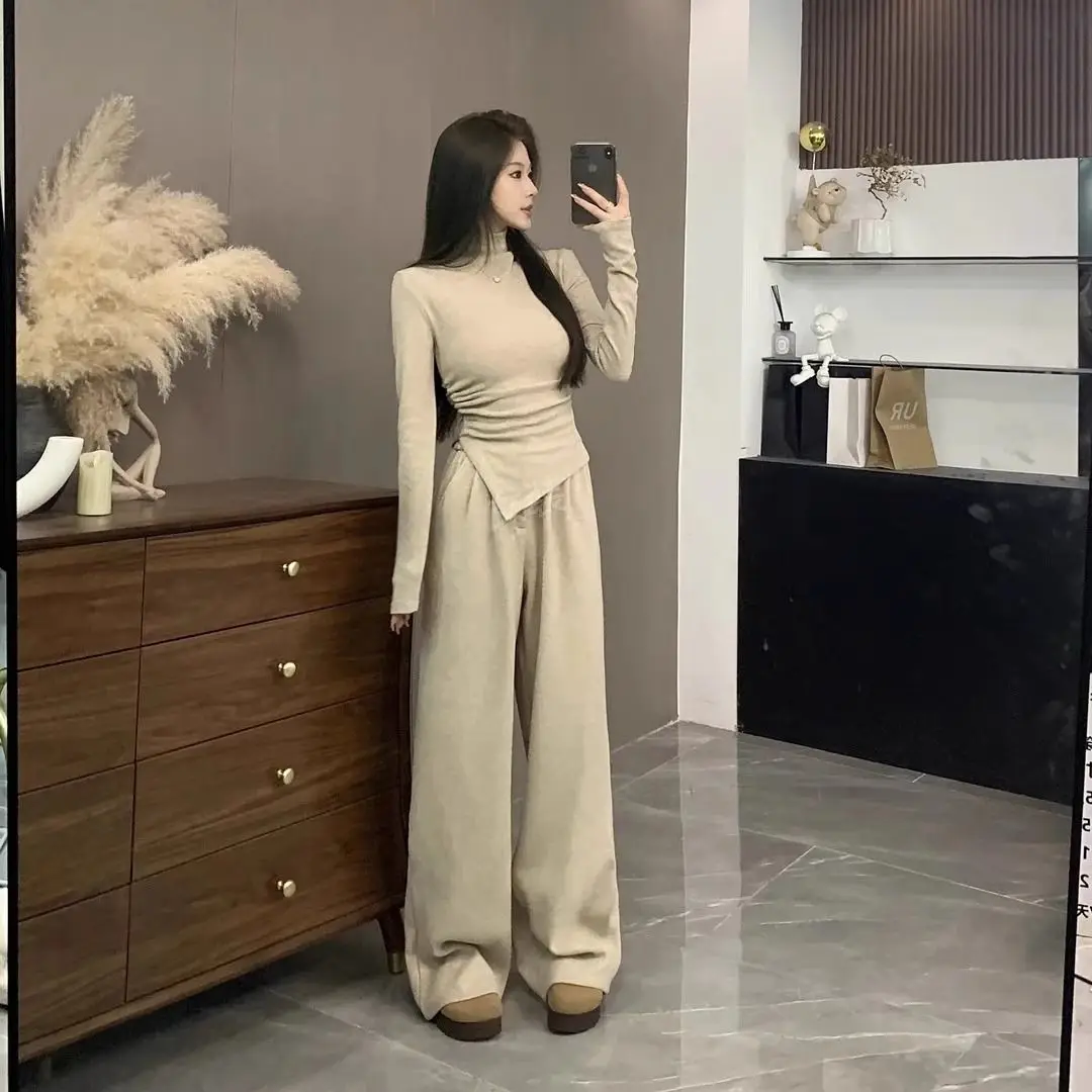 

Women's Pure Color Asymmetrical Half High Collar Fleece Lined Floor Length Casual Pants Two Piece Set Polyester Long Sleeve